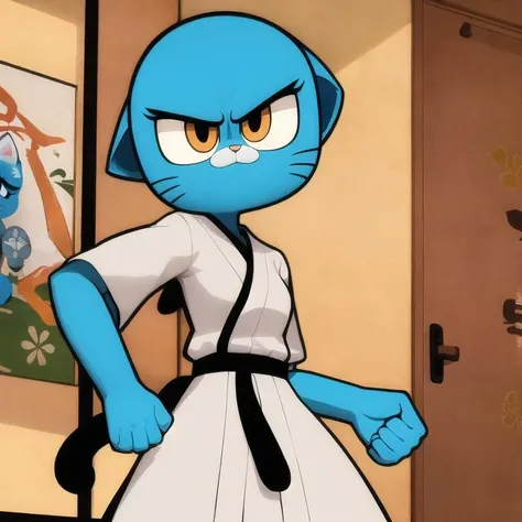 (nicolewatterson:1.1), masterpiece, ultra-detailed, high contrast, a cat girl dressed in a white Keikogi, blue skin, 1girl, fist, solo, serious face, indoors, dojo, karate stance