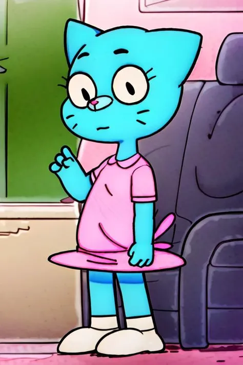 <lora:nicoleWatterson_v1:1>, (nicolewatterson:1.1), chibi, blue skin, dress, pink dress, standing, cat tail, <lora:PeanutsStyle:0.75>