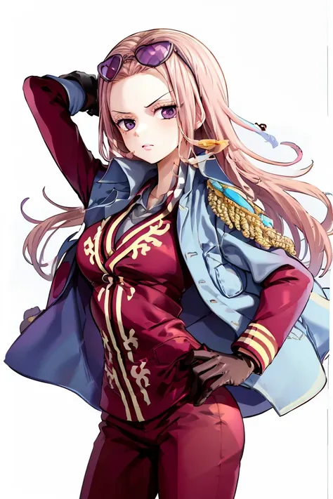 (masterpiece, best quality), 1girl, <lora:hina_one_piece:1> hina, gloves, eyewear on head, military uniform, pink jacket