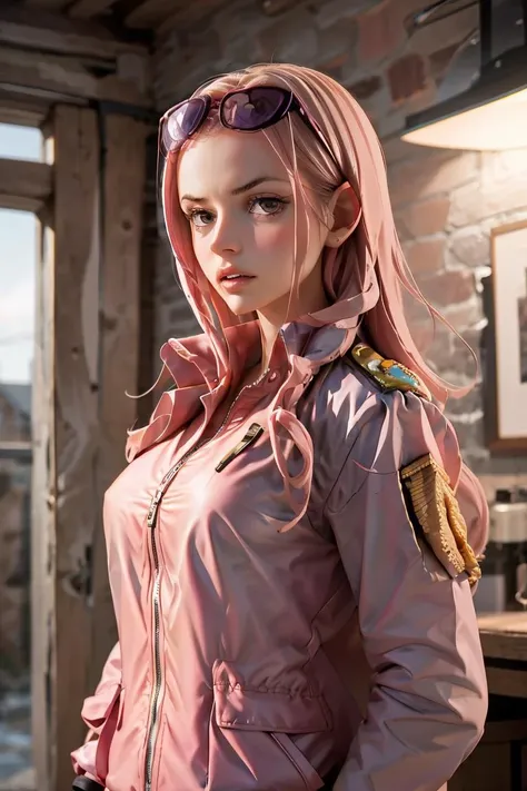 (masterpiece, best quality), 1girl, <lora:hina_one_piece:1> hina, gloves, eyewear on head, military uniform, pink jacket