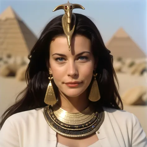 Photo of (ohwx woman) <lora:LivTyler:1> as an Egyptian queen, serpent headdress, golden serpent jewelry. pyramids, Egypt