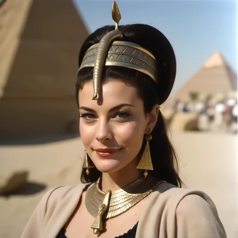 Photo of (ohwx woman)  <lora:LivTyler:1> as an Egyptian queen, serpent headdress, golden serpent jewelry. pyramids, Egypt