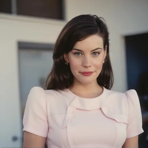 Portrait of (ohwx woman) <lora:LivTyler:1> as Barbie, pink dress