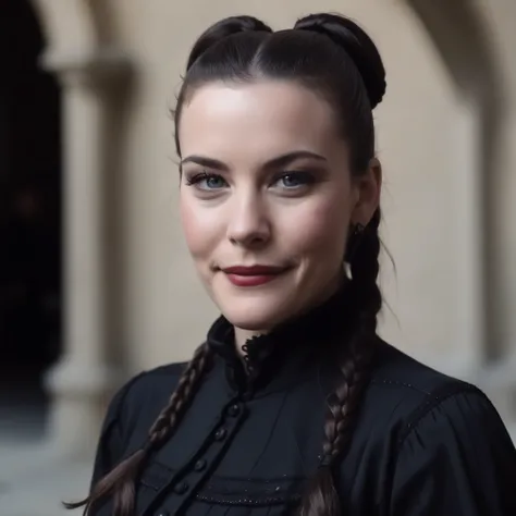 photo of (ohwx woman) as Wednesday Adamas, wearing gothic clothes, braided pigtails, in a castle, sharp focus, looking at the camera, makeup, cinematic look, <lora:LivTyler:1>
