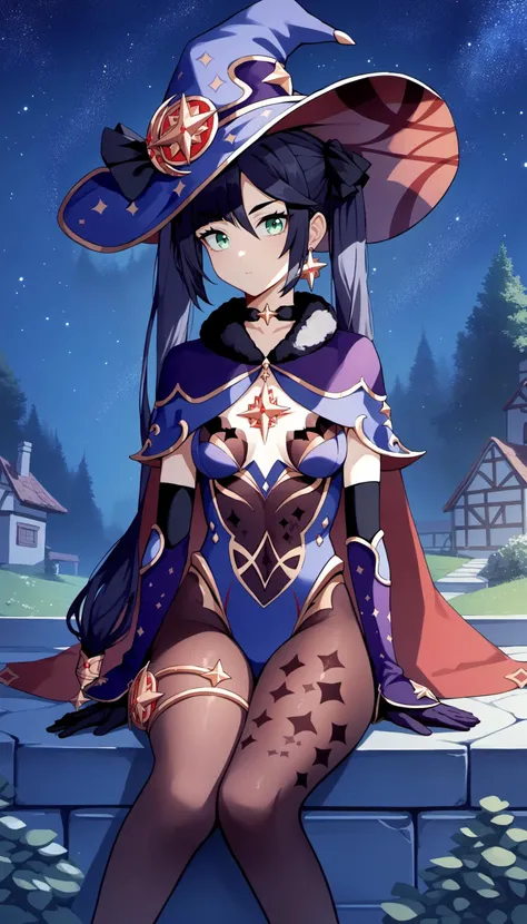 masterpiece,best quality,highres,ultra-detailed,(facing_viewer:1.1), cowboy_shot, solo, 1girl, medium_breasts, straight_long_hair, standing, outdoors, garden, cherry blossom trees,reverse_bunnysuit, navel, <lora:SelfTraining_ç·èº«è¡£-éå
女é:1>, mona, blue eyes, hair between eyes, twintails, very long hair, purple hair, hat, (small breast:1.2), witch hat, <lora:Character_åç¥-è«å¨:1.0>