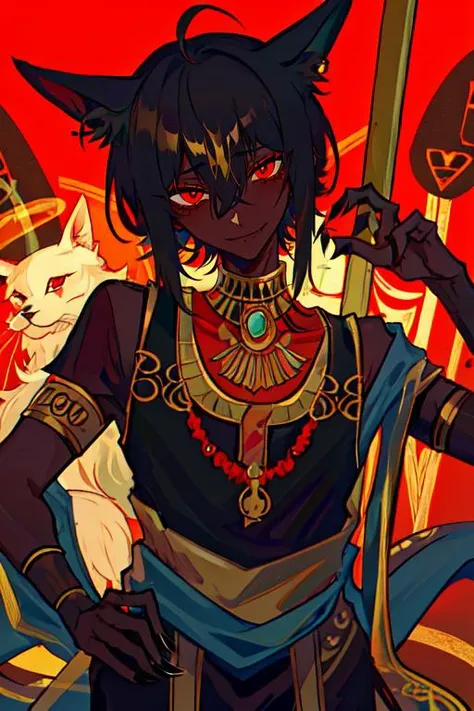 1boy, male focus, solo, anubis, anubis ears, jackal ears, egyptian deity, bob cut, black hair, claws, armlet, straight hair, hair between eyes, red eyes, tattoos, ornate jewelry, egyptian clothes, smirk, looking at viewer, dog tail, <lora:Dskin_v1.0:0.85>dark skin, <lora:kuroume_1024:0.75>