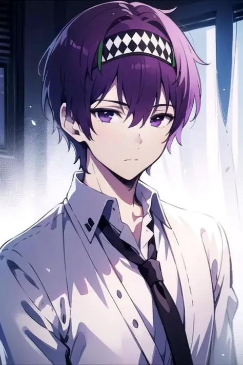 masterpiece, best quality, photorealistic, 1boy, solo, male focus, looking at viewer, upper body, depth of field, (watercolor illustration, soft pastel colors:1.1), realistic, <lora:makino_aikawa:0.74>, makino_aikawa, purple hair, purple eyes, , , The Kingdom of the Unicorn,
