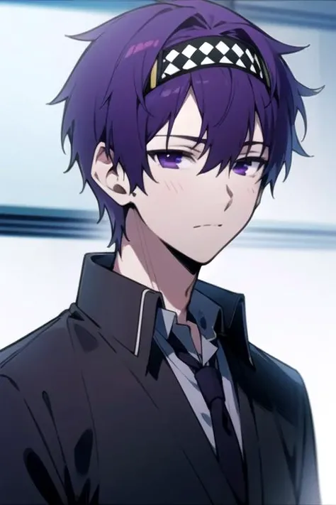 masterpiece, best quality, movie still, 1boy, solo, male focus, looking at viewer, upper body, , anime coloring, realistic, <lora:makino_aikawa:0.70>, makino_aikawa, purple hair, purple eyes, , science fiction science fantasy, 8k resolution