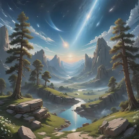 ((best quality)), ((masterpiece)), ((realistic)), (detailed), Celestial Landscape Clear Sky