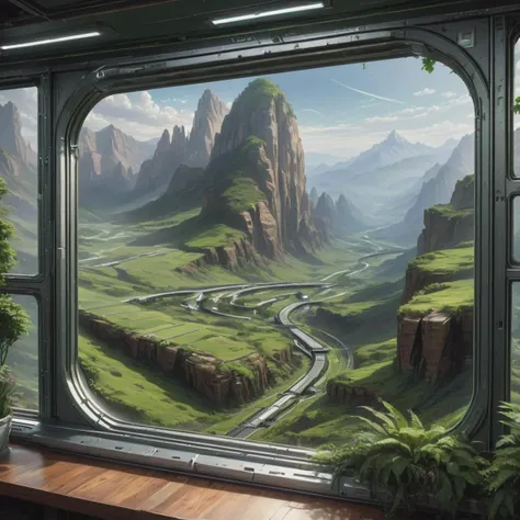((best quality)), ((masterpiece)), ((realistic)), (detailed), Space Station Verdant Valley,Sliding Window,Mountain Erosion,Stanchion