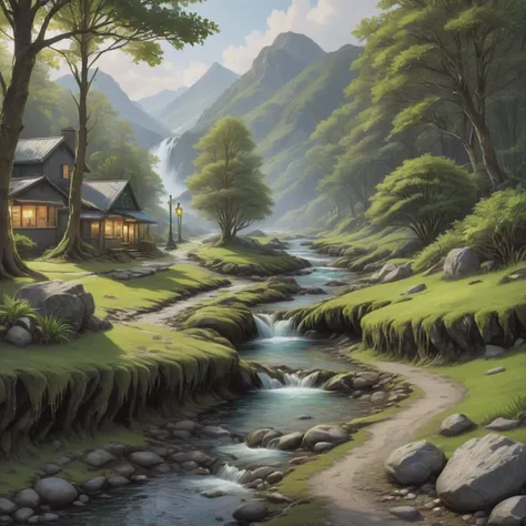 ((best quality)), ((masterpiece)), ((realistic)), (detailed), Islands Mountain Stream, Bare,Mossy Ground,Streetlights,Marine Life,Discounts,Searing