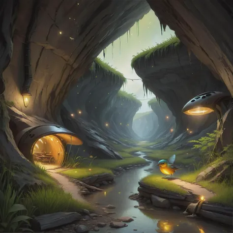 ((best quality)), ((masterpiece)), ((realistic)), (detailed), Caves Dancing Firefly,Crevasse,Marsh Birds, Assembly line,Variety,Wide Skies,Curving