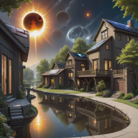 ((best quality)), ((masterpiece)), ((realistic)), (detailed), Spaceport Climber,Street,Serene Pond,Solar Eclipse