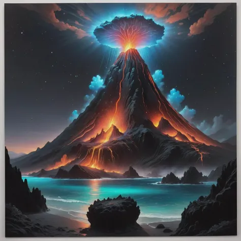 ((best quality)), ((masterpiece)), ((realistic)), (detailed), Volcano Bioluminescence,Constellation,Cave Coral