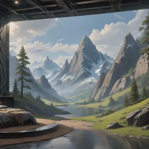 ((best quality)), ((masterpiece)), ((realistic)), (detailed), Mountains Holodeck