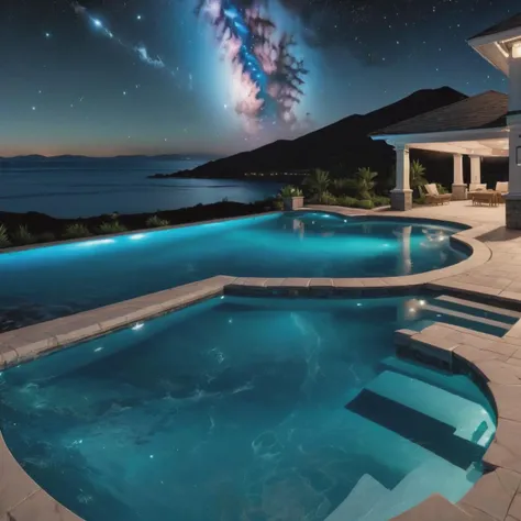 ((best quality)), ((masterpiece)), ((realistic)), (detailed), Ocean Night Sky,Summit,Rimstone Pool