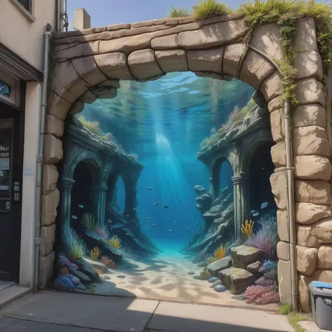((best quality)), ((masterpiece)), ((realistic)), (detailed), Underwater Alcove,Street Art,Rock Formation