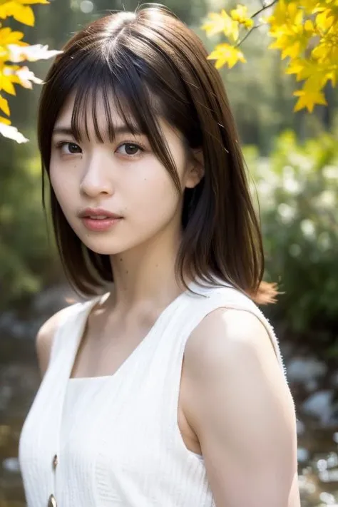 1girl,(wearing a beautiful dress:1.2),(RAW photo, best quality), (realistic, photo-realistic:1.4), masterpiece, an extremely delicate and beautiful, extremely detailed, 2k wallpaper, Amazing, finely detail, extremely detailed CG unity 8k wallpaper, ultra-detailed, highres, soft light, beautiful detailed girl, extremely detailed eyes and face, beautiful detailed nose, beautiful detailed eyes,cinematic lighting,in a beautiful forest of pine trees at a Japanese countryside,autumn scenery,maple trees in autumn,by a small rocky river,perfect anatomy,slender body,smiling, <lora:matsudakonoka_lora:0.8>