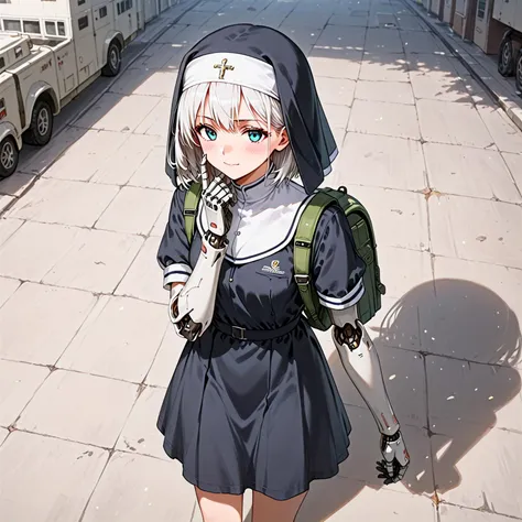 score_9, score_8_up, score_7_up, source_anime, very aesthetic, best quality, absurdres, (rating_safe)
break
1girl, solo, white hair, medium hair, Unit emblem, short sleeves, Cyborg Combat Girl, Mecha mask, headgear, Backpack
nun motif combat uniform
smirk, blush
street, Ravaged City, Battlefield, cloudy, tokyo, harajuku
<lora:cybe_arm:0.7> cybe_arm, cybernetic mechanical arm, Full mechanical prosthetic arm, face
hand in own hair
break
from above
<lora:detail_bg:0.6>, <lora:sdxl_lightning_8step_lora:1>