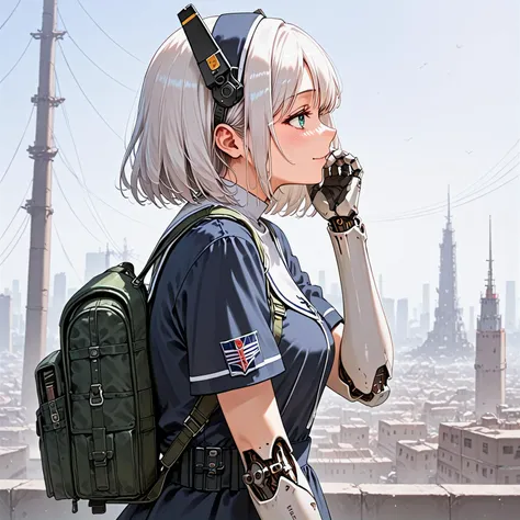 score_9, score_8_up, score_7_up, source_anime, very aesthetic, best quality, absurdres, (rating_safe)
break
1girl, solo, white hair, medium hair, Unit emblem, short sleeves, Cyborg Combat Girl, Mecha mask, headgear, Backpack
nun motif combat uniform
smirk, blush
street, Ravaged City, Battlefield, cloudy, tokyo, harajuku
<lora:cybe_arm:0.7> cybe_arm, cybernetic mechanical arm, Full mechanical prosthetic arm, face
hand in own hair
break
from side
<lora:detail_bg:0.6>, <lora:sdxl_lightning_8step_lora:1>