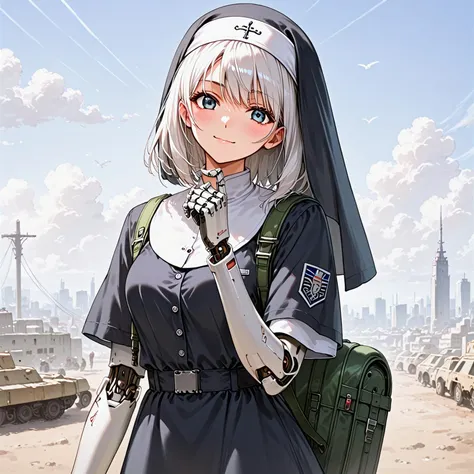 score_9, score_8_up, score_7_up, source_anime, very aesthetic, best quality, absurdres, (rating_safe)
break
1girl, solo, white hair, medium hair, Unit emblem, short sleeves, Cyborg Combat Girl, Mecha mask, headgear, Backpack
nun motif combat uniform
smirk, blush
street, Ravaged City, Battlefield, cloudy, tokyo, harajuku
<lora:cybe_arm:0.7> cybe_arm, cybernetic mechanical arm, Full mechanical prosthetic arm, face
hand in own hair
break
from front
<lora:detail_bg:0.6>, <lora:sdxl_lightning_8step_lora:1>