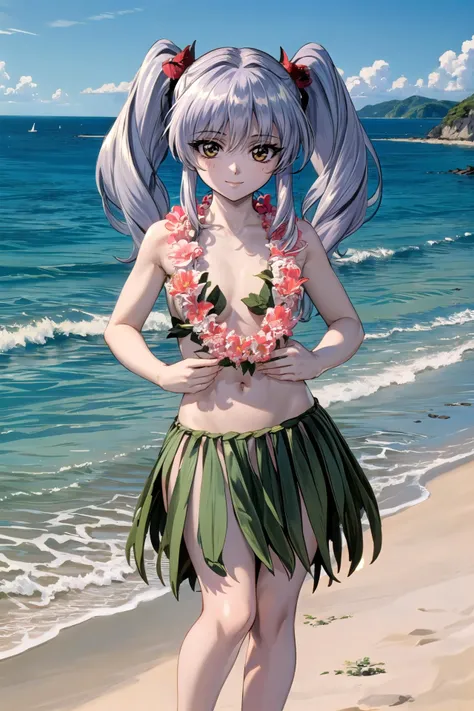 (masterpiece, best quality, detailed), 1girl, solo, looking at viewer, 1girl, <lora:Ruri Hoshino:0.75>, rh, twintails, hair ornament, <lora:hu1a4:1>, lei, grskirt, outdoors, beach, ocean, blue sky, horizon, night, fisheye, indian style, hands on feet, smile, closed mouth