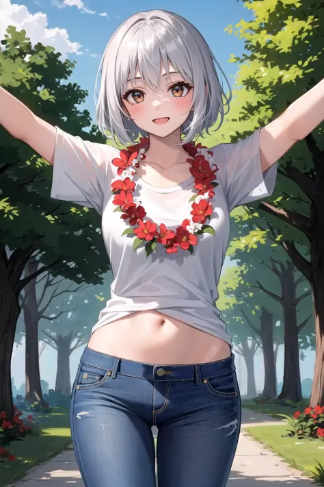 1girl, (masterpiece, best quality: 1.4, detailed),
 <lora:hu1a4-000009:1>, lei, red lei, red flower,
jeans,
blush, open mouth, dynamic pose, spread arms,
smile, closed mouth,
t-shirt, short sleeves, black t-shirt,
cowboy shot,
white hair, short hair,
grass, trees, outdoors,