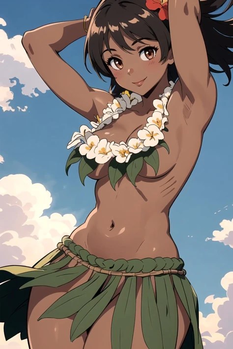1girl, (masterpiece, best quality: 1.4, detailed),
<lora:hu1a4-000009:1>, lei, grskirt,
blush,
sky,
flower,
tan, dark skin,
(head out of frame, close-up: 1.5),
seductive smile,
thighs, wind,
arms up,