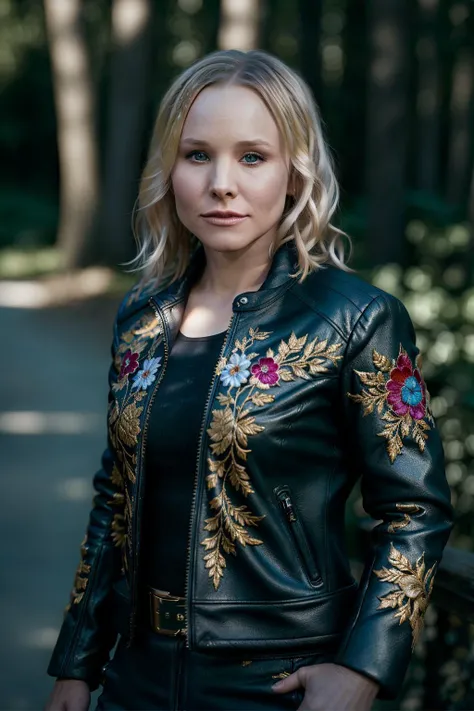 <lyco:Kristen Bell_v1.0:1.0>Kristen Bell,(masterpiece:1.2),(best quality:1.2),highly detailed,absurdres,intricate,volumetric lighting,cinematic lighting,award-winning,macro vivid colors  woman,  (looking at viewer:1.1), (black jacket:1), outdoors, park, upper body, in front, portrait
