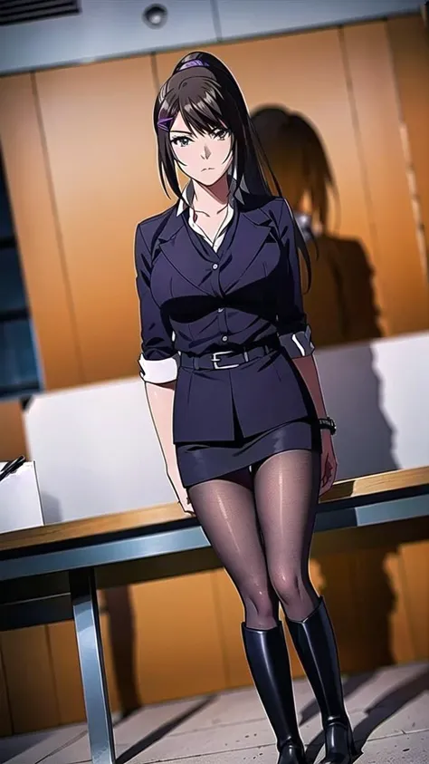 masterpiece,best quality,ultra detailed,illustration,1girl,solo,<lora:chabashira:1>,long hair,pony tail,black pantyhose,pencil skirt,(ridingboots),<lora:ridingboots:0.8>,fullbody,looking at viewer,