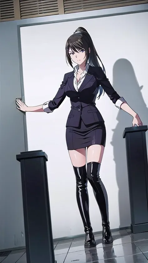 masterpiece,best quality,ultra detailed,illustration,1girl,solo,<lora:chabashira:1>,long hair,pony tail,black pantyhose,pencil skirt,fullbody,<lora:SUGARV2:0.6>, sugar_botz,black leather thigh boots,looking at viewer,