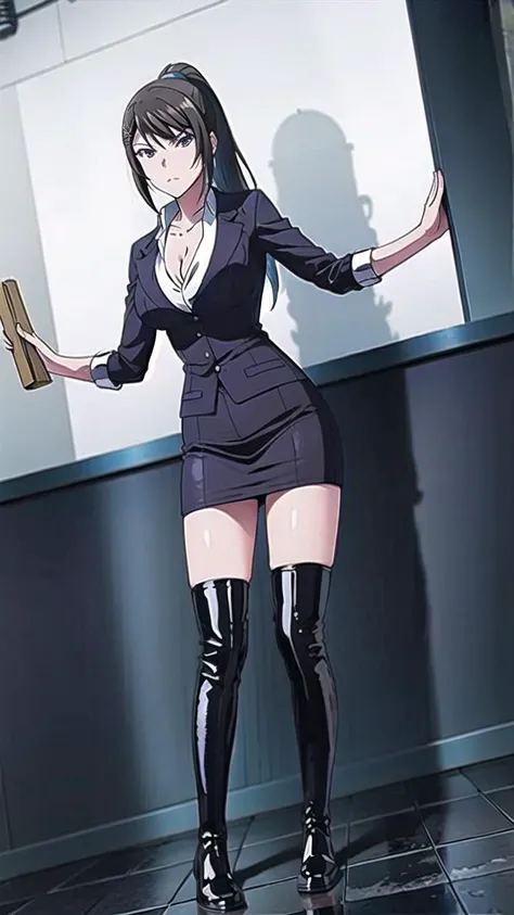 masterpiece,best quality,ultra detailed,illustration,1girl,solo,<lora:chabashira:1>,long hair,pony tail,(black pantyhose:1.1),pencil skirt,fullbody,<lora:SUGARV2:0.6>, sugar_botz,black leather thigh boots,looking at viewer,