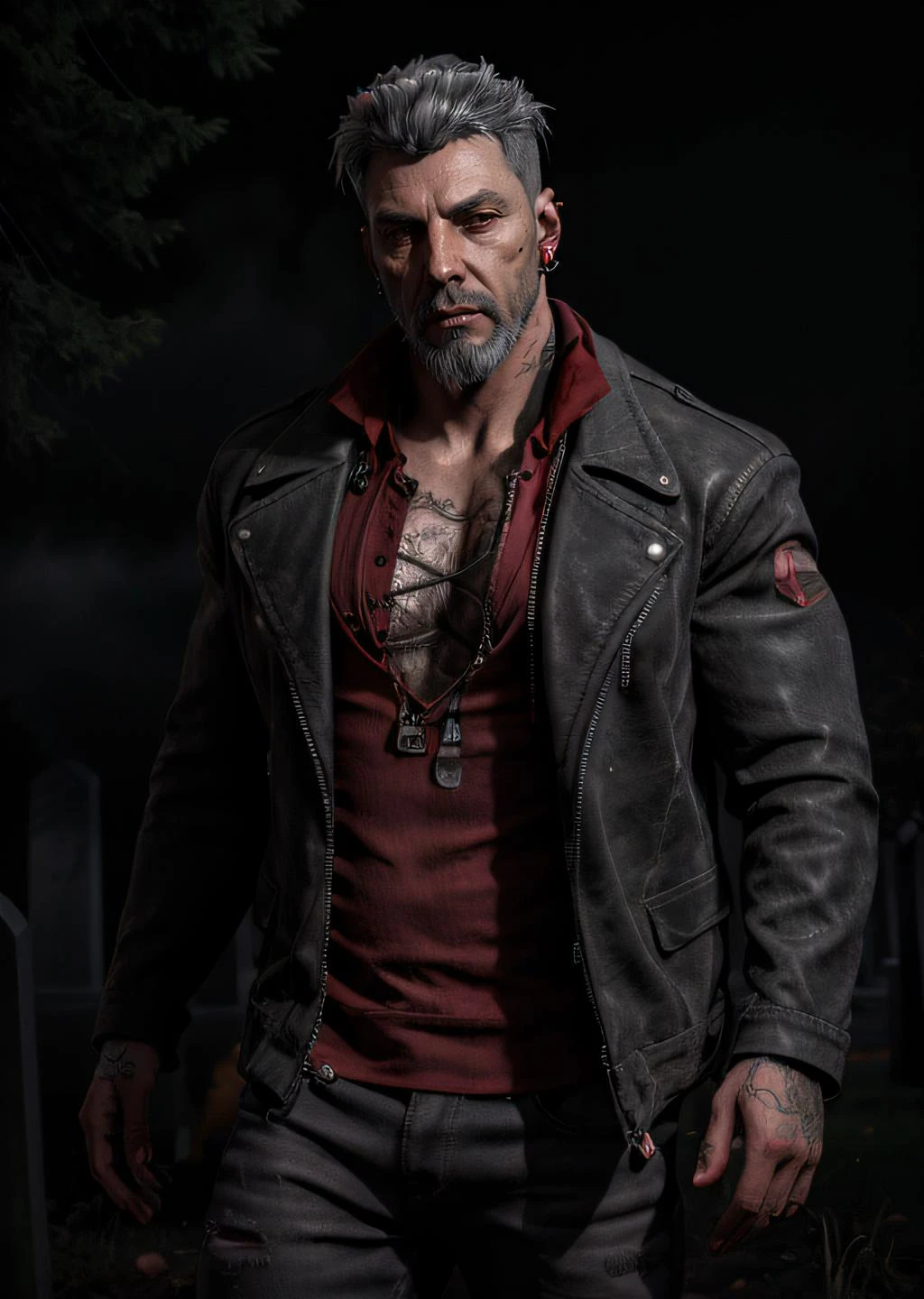 vittorio_toscano in a dark
cemetery, black jacket, red shirt,jeans,
gray hair, gray beard, earring, face tattoo,
fog, dark atmosphere,
cinematic compostion, smooth skin,ultra realistic,32k,RAW photo,(high detailed skin:1.2), 8k uhd, dslr, soft lighting, high quality,
<lora:vittorio_toscano:0.75>