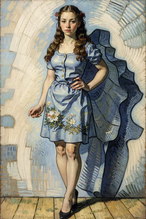 a detailed full body image of a woman wearing summer dress, beautiful detailed face, long black hair, VincentWillemvanGogh , <lora:Vincent Willem van Gogh style:1>