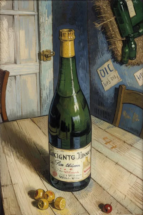 a bottle on the table, VincentWillemvanGogh, <lora:Vincent Willem van Gogh style:1>