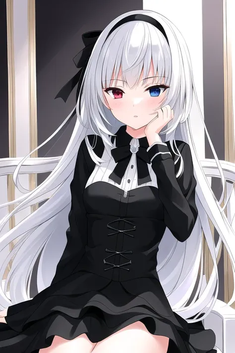 ((masterpiece)), ((best quality)), cinematic lighting, highres, absurdres, detailed, illustration, 4k wallpaper, (extremely detailed CG unity 8k wallpaper), (ultra-detailed), luminous valentine, silver hair, heterochromia, red eyes, blue eyes, throne, sitting, black dress