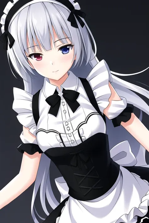 ((masterpiece)), ((best quality)), cinematic lighting, highres, absurdres, detailed, illustration, 4k wallpaper, (extremely detailed CG unity 8k wallpaper), (ultra-detailed), luminous valentine, silver hair, heterochromia, red eyes, blue eyes, maid