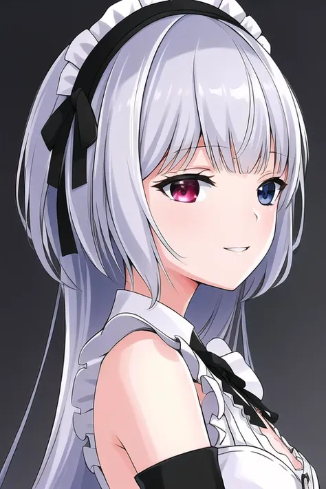 ((masterpiece)), ((best quality)), cinematic lighting, highres, absurdres, detailed, illustration, 4k wallpaper, (extremely detailed CG unity 8k wallpaper), (ultra-detailed), luminous valentine, silver hair, heterochromia, red eyes, blue eyes, maid