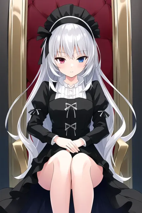 ((masterpiece)), ((best quality)), cinematic lighting, highres, absurdres, detailed, illustration, 4k wallpaper, (extremely detailed CG unity 8k wallpaper), (ultra-detailed), luminous valentine, silver hair, heterochromia, red eyes, blue eyes, throne, sitting, black dress