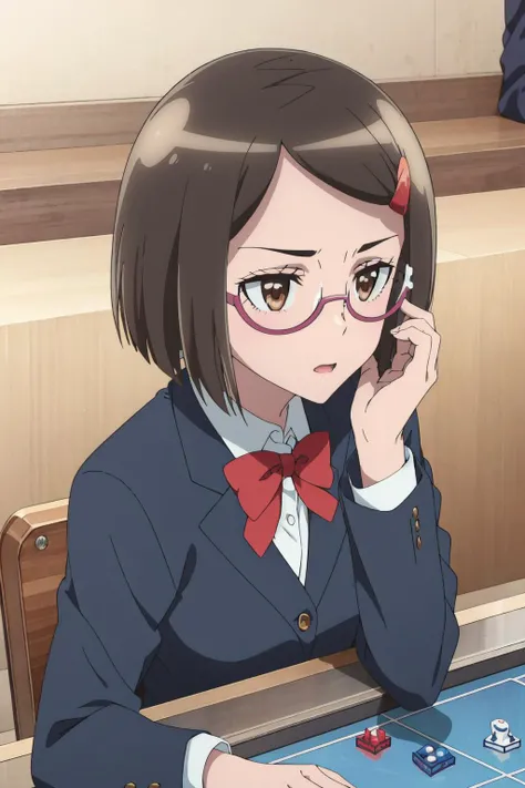 <lora:0020HSCoonomidori:1>,oonomidori,looking_at_viewer,eyewear,school_uniform,blazer,playing board games,