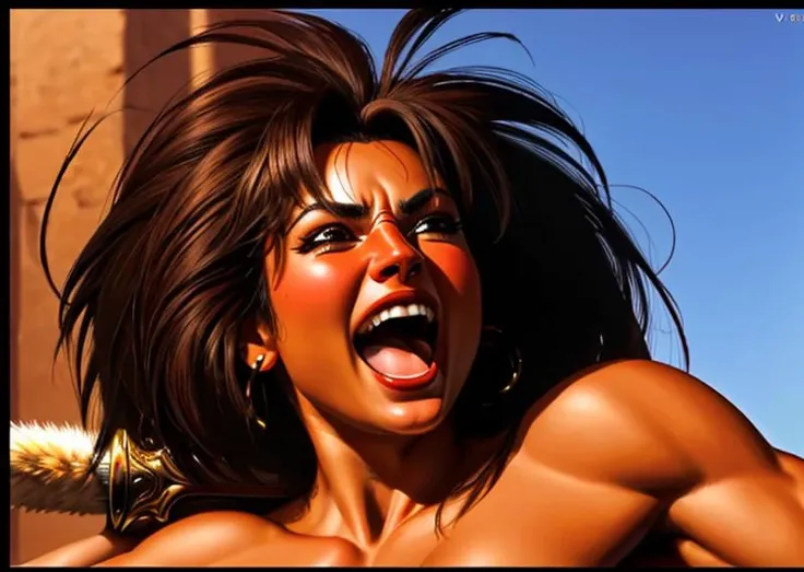barbarian warrior's face with a victoriously delighted expression