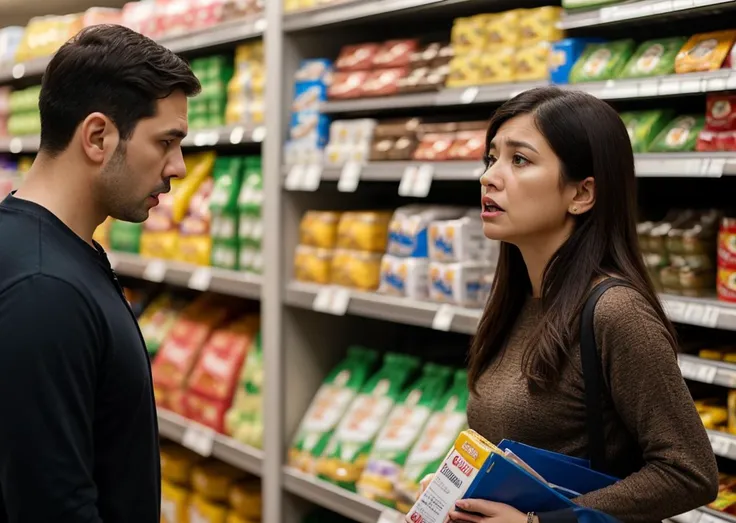 a couple  mournfully arguing at a grocery store