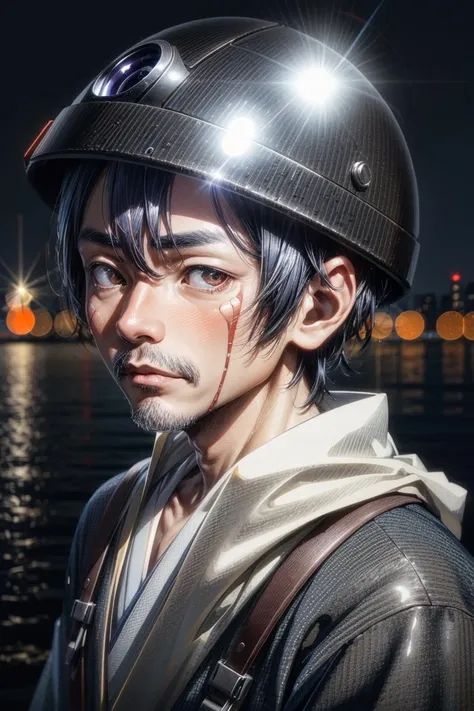 RAW photo, a portrait photo of 50 y.o japanese man in clothes,aubade helmet, night tokyo, (high detailed skin:1.2), 8k uhd, dslr, soft lighting, high quality, film grain, Fujifilm XT3, 8k, 4k, (highres:1.1), best quality;