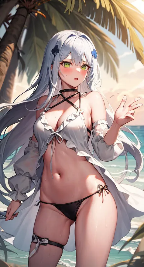 hk416 \(girls' frontline\), outfit-surtr, 1girl,blush,ninai, solo, fetal position,seaside, breasts, food, green eyes,white hair,looking at viewer, ass visible through thighs, medium breasts, cowboy shot<lora:outfit-surtr-pynoise-000004:1>