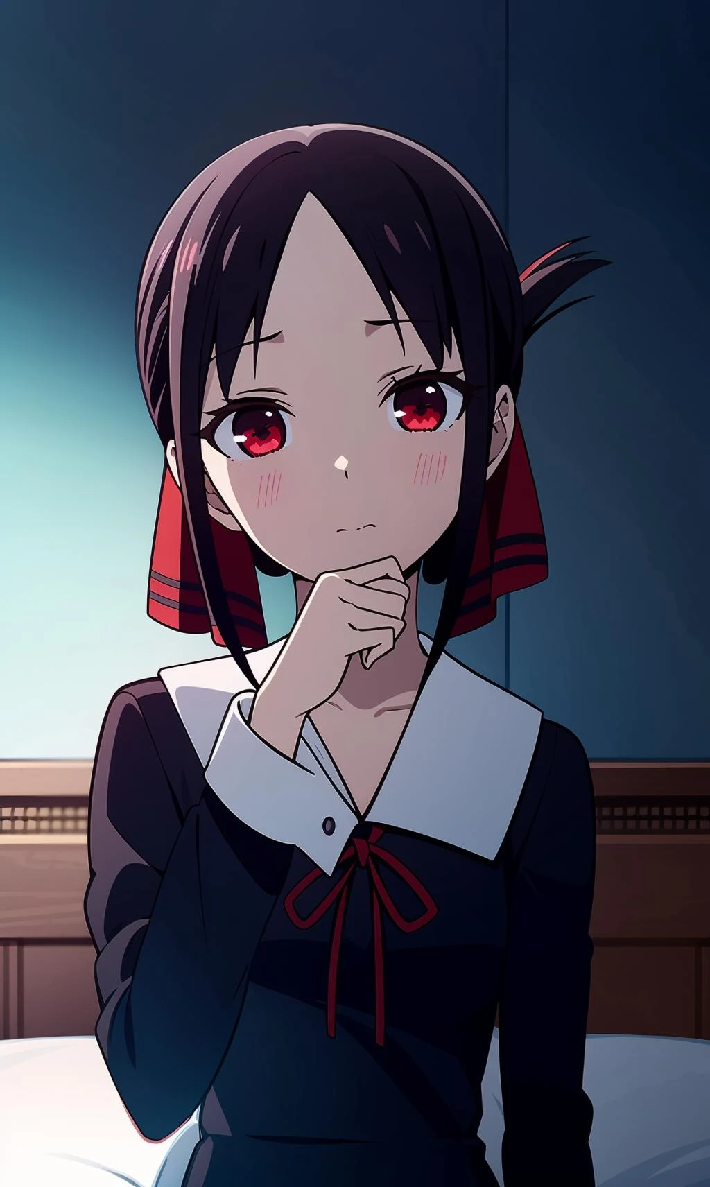 <lora:å宫è¾å¤1V-000010:0.8>,å宫è¾å¤,1girl,red eyes,red ribbon,hair ribbon,bangs,short hair,sidelocks,folded ponytail,black hair,parted bangs,
shuuchiin academy school uniform,black dress,neck ribbon,collarbone,white sailor collar,upper body, hand on own chin,horror \(theme\),, (masterpiece:1,2), best quality, masterpiece, highres, original, extremely detailed wallpaper, perfect lighting,(extremely detailed CG:1.2),