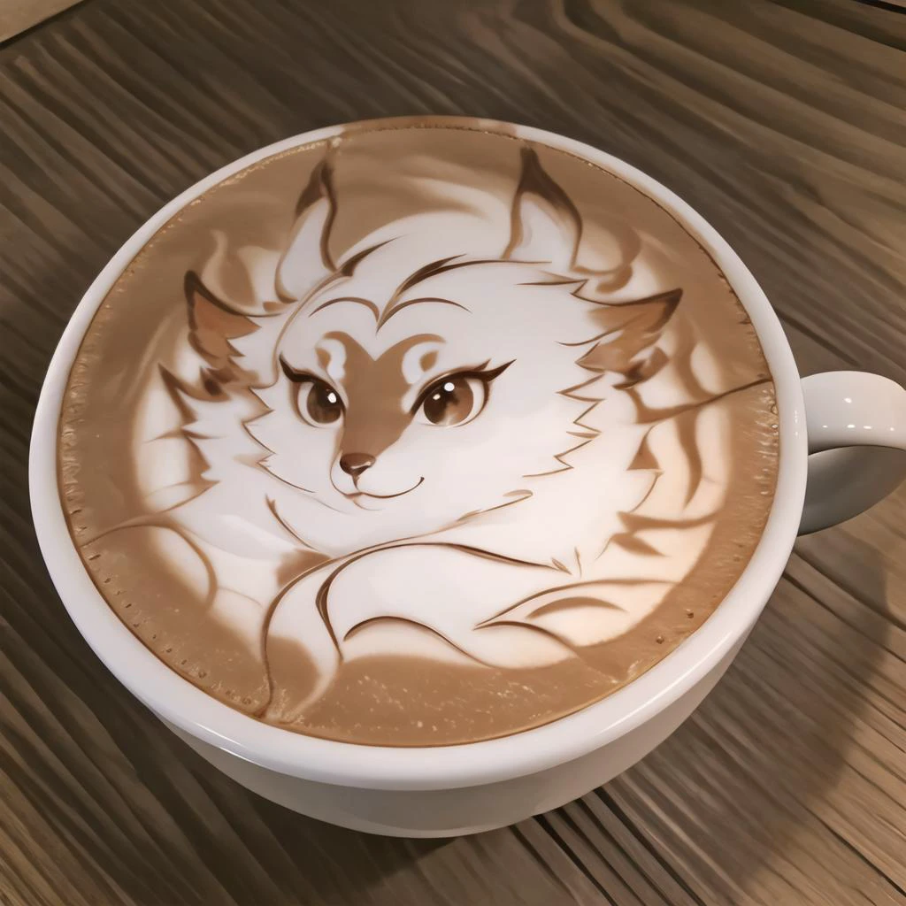 Highly detailed, High Quality, Masterpiece, beautiful, coffee, latte, LatteArt, latte art, food art, <lora:LatteArt:1>, 1girl, YaeMikoFox, no humans, <lora:Char_GenshinImpact_YaeMikoFox:1>