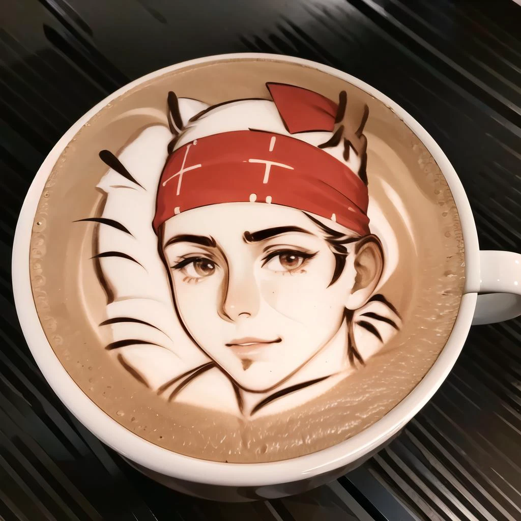 Highly detailed, High Quality, Masterpiece, beautiful, coffee, latte, LatteArt, latte art, food art, <lora:LatteArt:1>, Ricardo, red bandana on the head, <lora:Char_Sigmas_RicardoMilos:0.9>