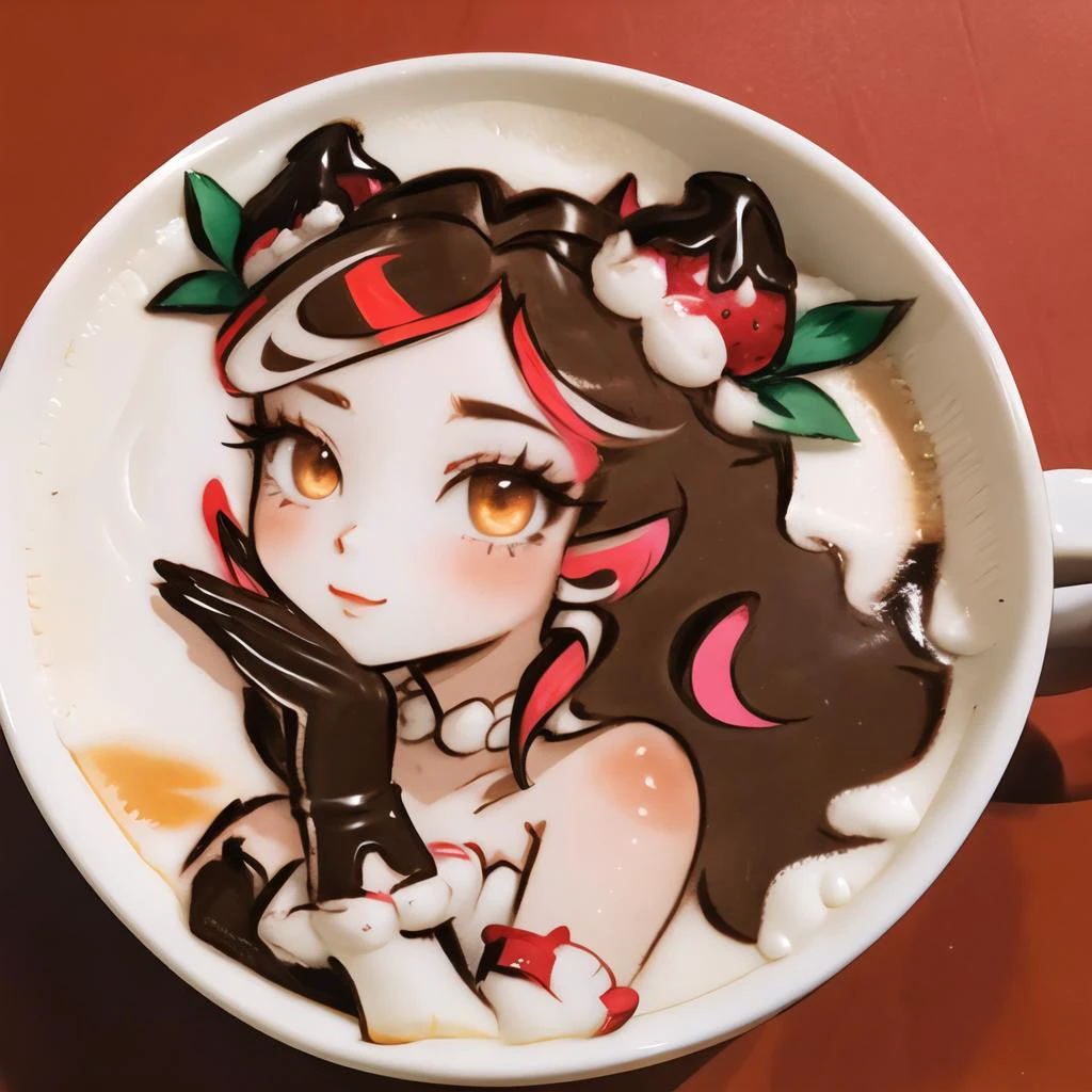Highly detailed, High Quality, Masterpiece, beautiful, LatteArt, <lora:LatteArt:1>, 1girl, sugar rush evelynn, strapless dress, gloves, chocolate on body, strawberry hair ornament, multicolored hair, <lora:Char_LoL_SugarRushEvelynn:0.8>