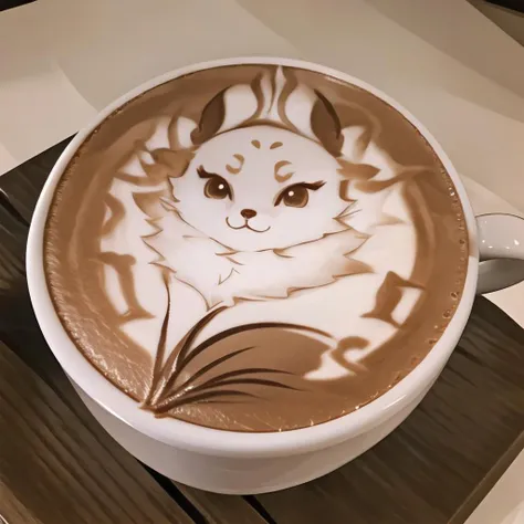 Highly detailed, High Quality, Masterpiece, beautiful, coffee, latte, LatteArt, latte art, food art, <lora:LatteArt:1>, 1girl, YaeMikoFox, no humans, <lora:Char_GenshinImpact_YaeMikoFox:1>