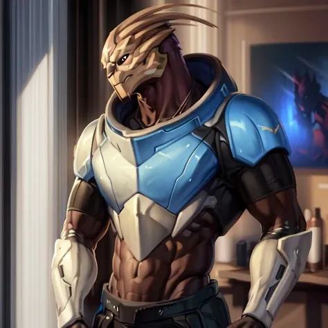 by zackary911,by chunie,(by meesh:1.2),by kiyosan,by sigma , 4k, 8k,dramatic lighting, highly detailed, sharp shadows, shaded, <lora:turian:0.8>, masterpiece, high quality, turian,male, armor, standing